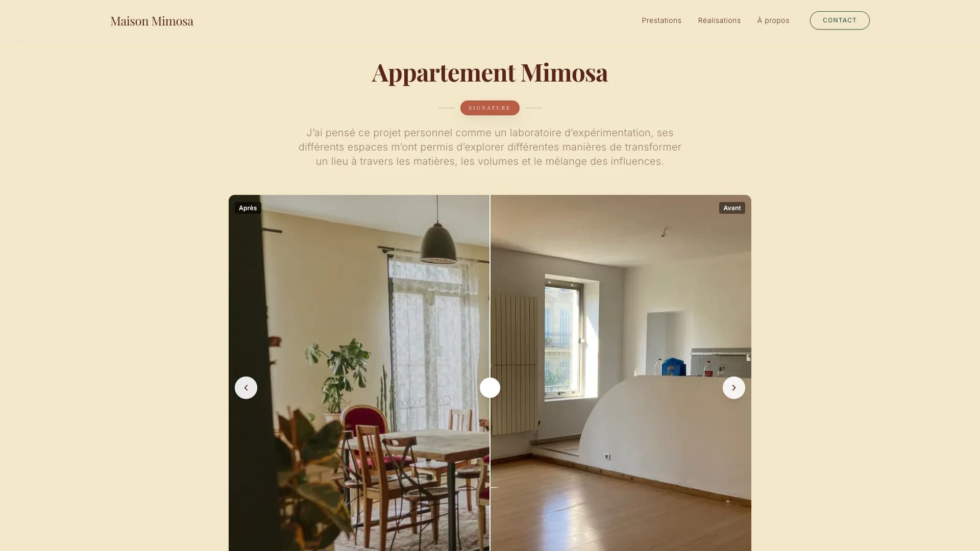 Appartement Mimosa project page: before / after slider on the dining room