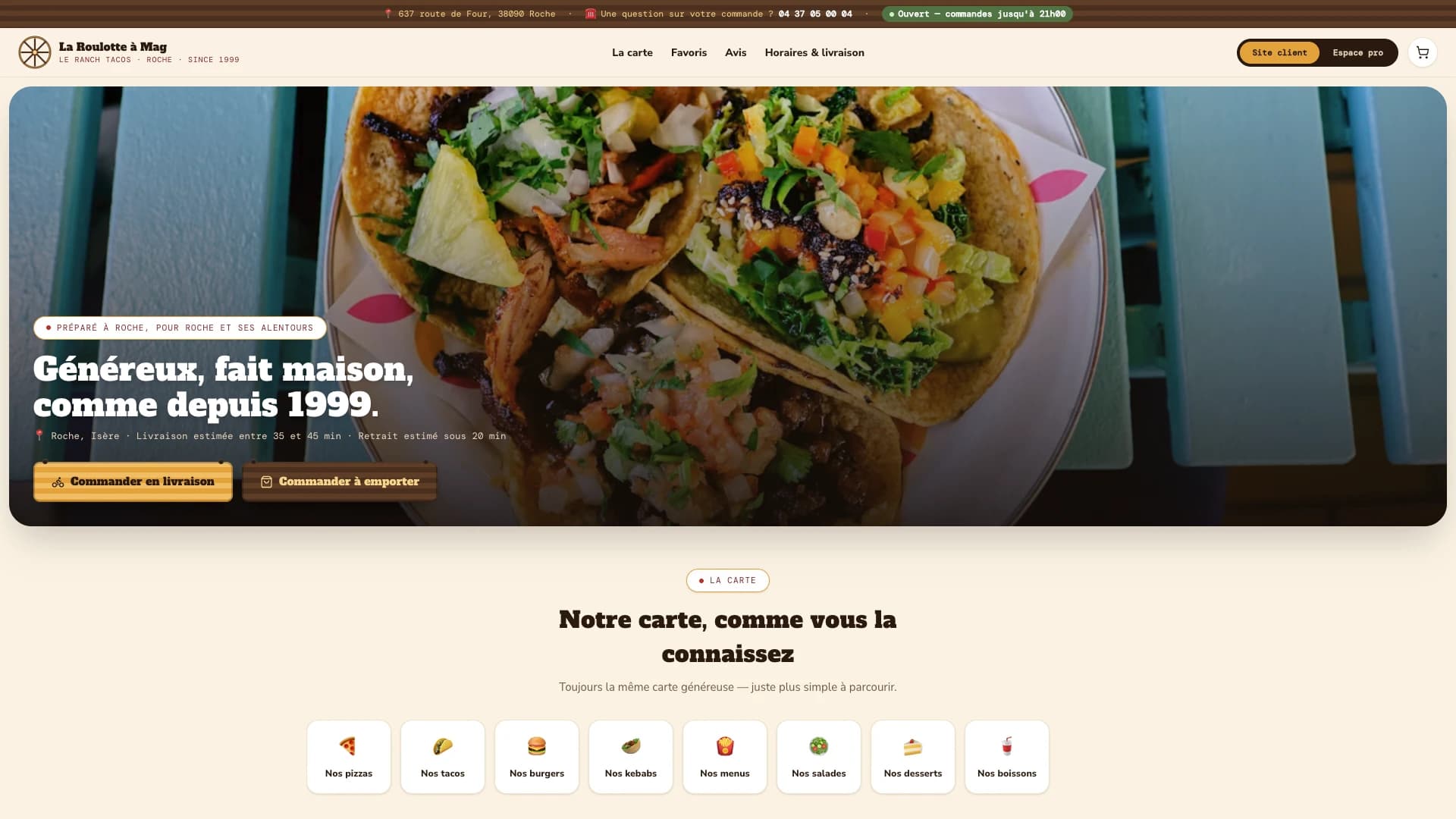 La Roulotte à Mag ordering site: hero with delivery and takeaway buttons, then the menu by category