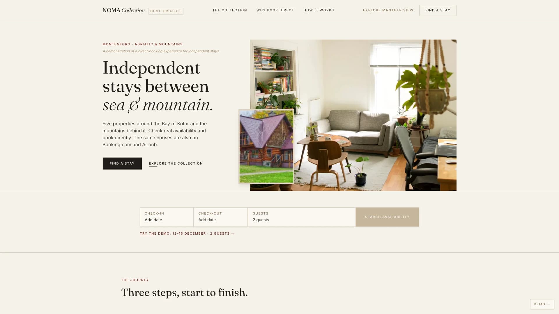 Noma guest homepage: a collection of properties with search by dates and number of guests