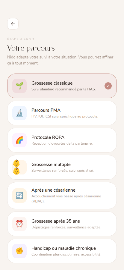 Onboarding step 3 of 6, “Your path”: standard pregnancy, IVF/ART, ROPA, multiple pregnancy, after a caesarean, after 35, disability or chronic illness