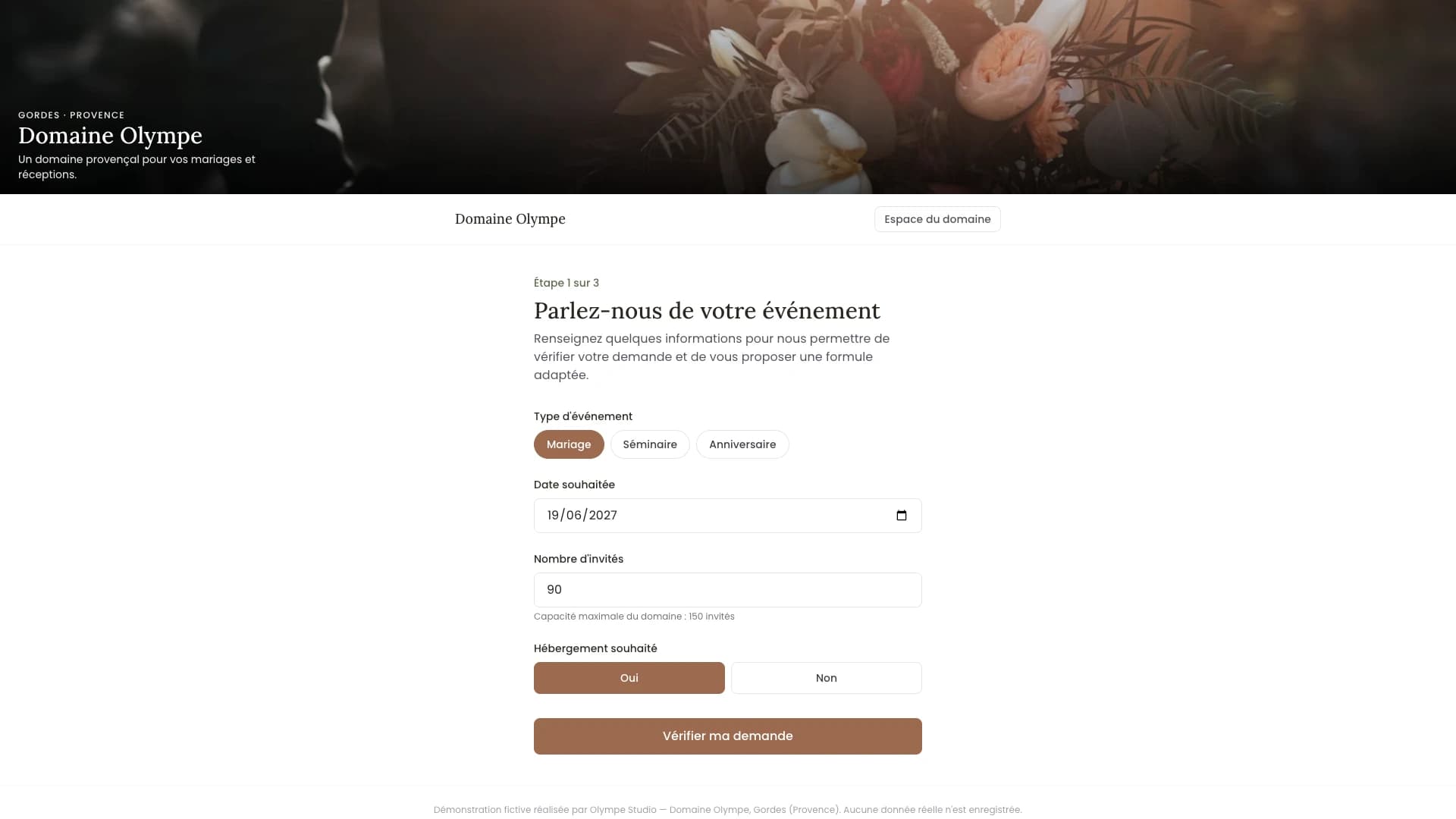 Step 1 of 3 of the request form: type of event, preferred date, number of guests with the venue's capacity shown, and accommodation