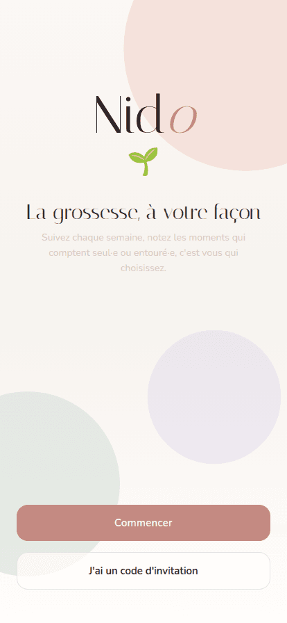 Nido welcome screen: “La grossesse, à votre façon”, with Start and “I have an invitation code” buttons